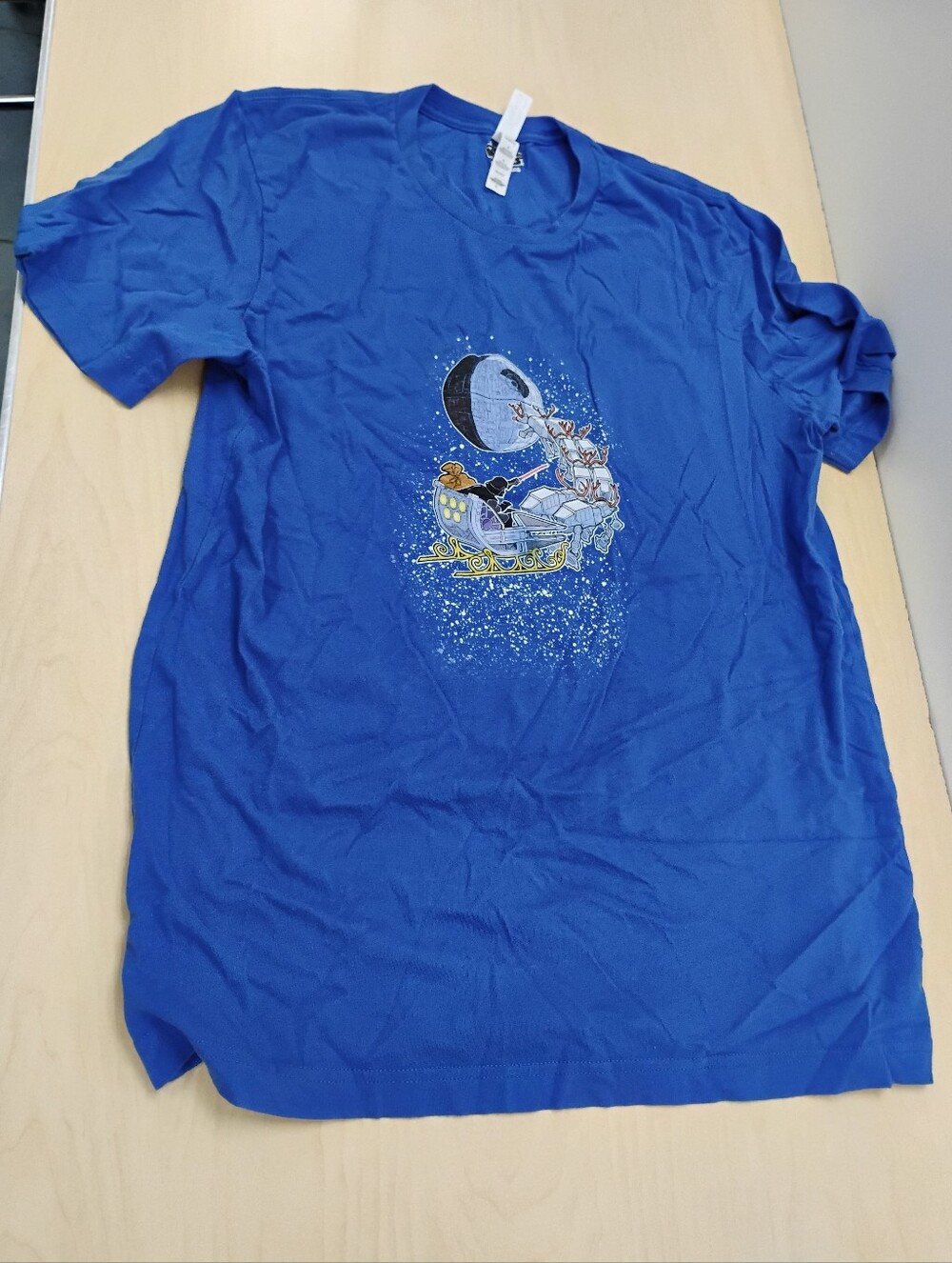 Star Wars Christmas Mashup Blue Men's Graphic Tee Darth Vader Death Star Size L